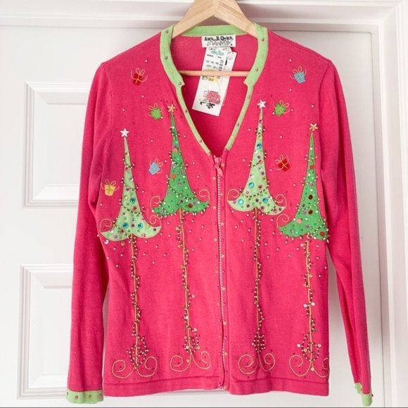 Jack B Quick Sweaters - Pink Green Christmas Tree Sequin ZIP Up Tacky Sweater